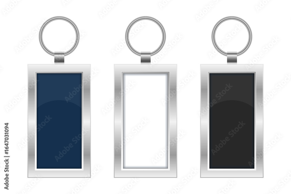 Poster three keychains hang in a row, each with a rectangle tag showcasing different solid colors.