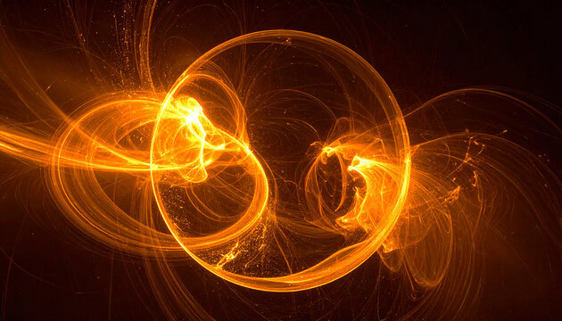Amber energy sphere of glowing dust and swirling light trails. Abstract round shape. Close-up.