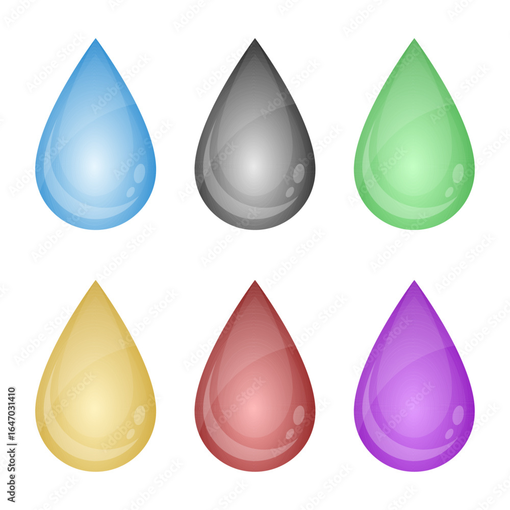 Aufkleber collection of six glossy, colorful teardrop-shaped objects arranged in a symmetrical pattern.