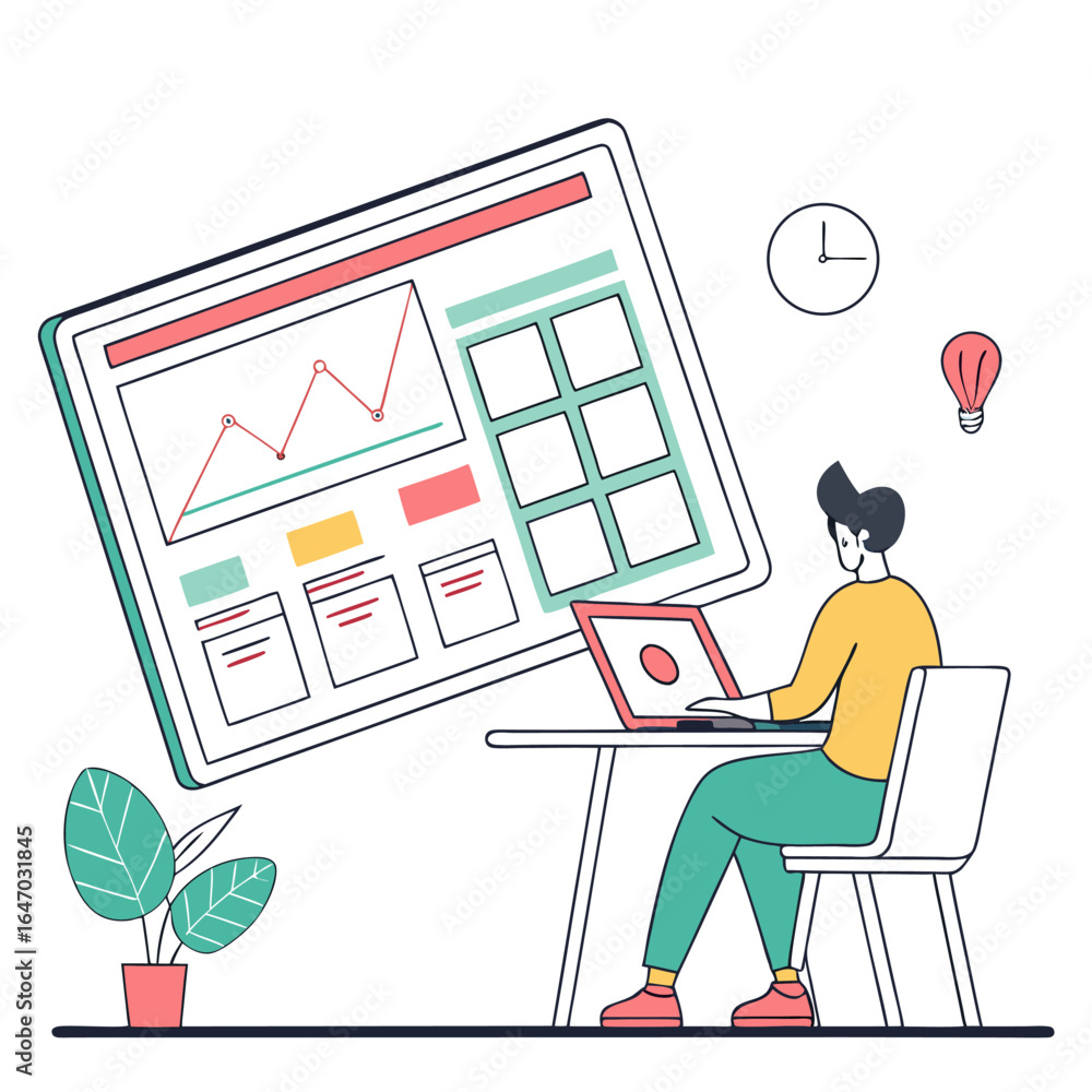 Poster illustration of a person working on a laptop with a large screen displaying data and charts nearby