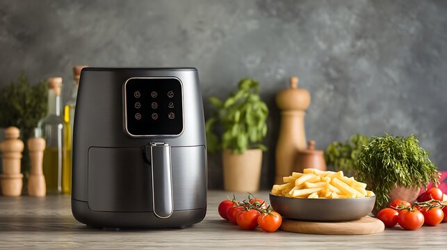Modern air fryer cooking French fries on modern kitchen counter with fresh ingredients.