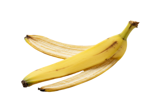 Bright yellow banana partially peeled macro still life isolated