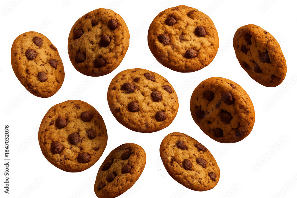 Poster multiple chocolate chip cookies are falling against a transparent background, creating a dynamic and