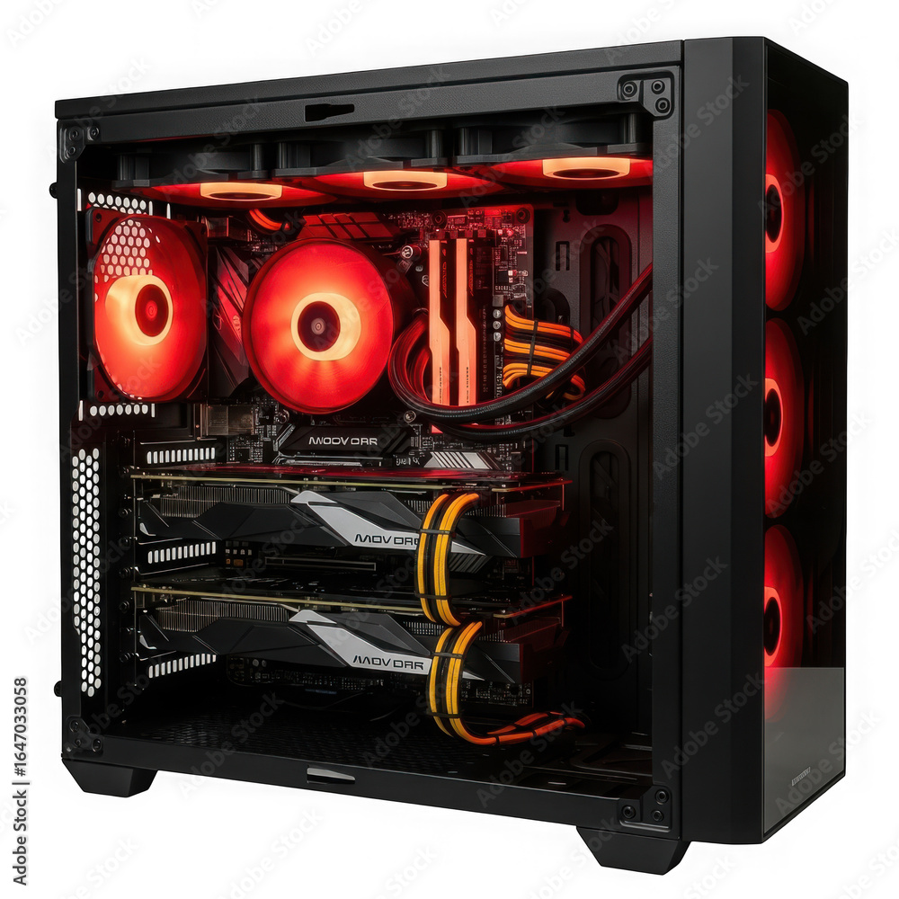 Fototapete inside view of a highperformance gaming computer with red led lighting and dual graphics cards, show