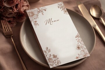 Elegant mockup for design featuring a festive dinner invitation on a beautifully set table. Floral Wedding Menu
