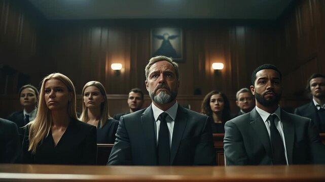 Serious courtroom scene with focused individuals