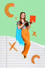 Poster image trend collage of person use netbook on green color background with notebook page cross...