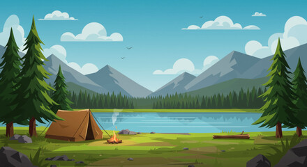 Serene Mountain Lake Camping Scene with Tent and Campfire