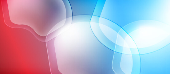 Abstract background features flowing shapes, red, white, blue hues. Soft gradients create dynamic visual effect.