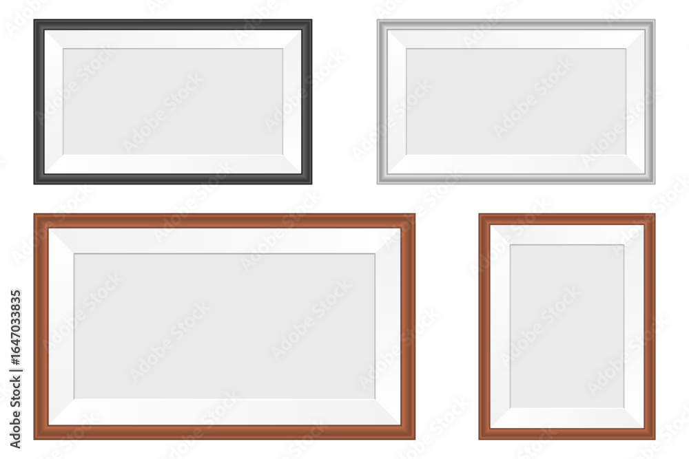 Poster four empty picture frames in various colors and sizes hanging on a white wall. isolated.