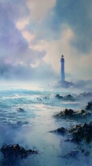 Fototapeta premium Tranquil lighthouse on a misty coastal scene.