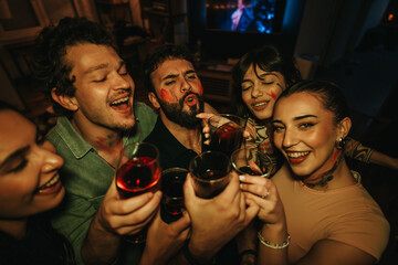 A group of young friends enjoy a lively birthday party, raising their glasses in a cheerful toast....