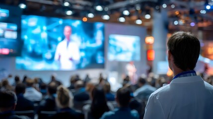 A man in a white lab coat watches a presentation at a medical conference, engaged and attentive in a crowd of professionals.