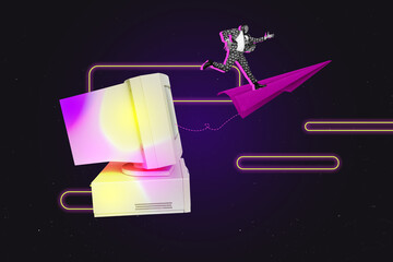 Exclusive image full artwork photo collage of happy businessman fly paper plane strategy...
