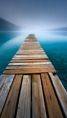 Fototapeta premium Serene Wooden Pier Extending into a Foggy Teal Lake Surrounded by Lush Greenery and Calm Waters
