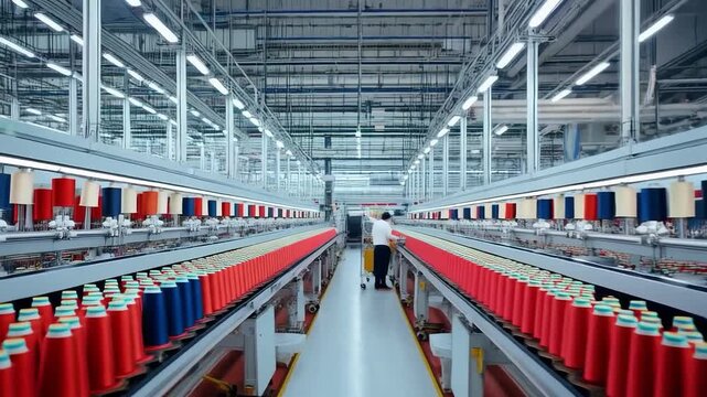 Modern textile production: bright spools of thread on an automated line in a bright workshop. Great material for industry articles, advertising for textile companies, training videos about production 