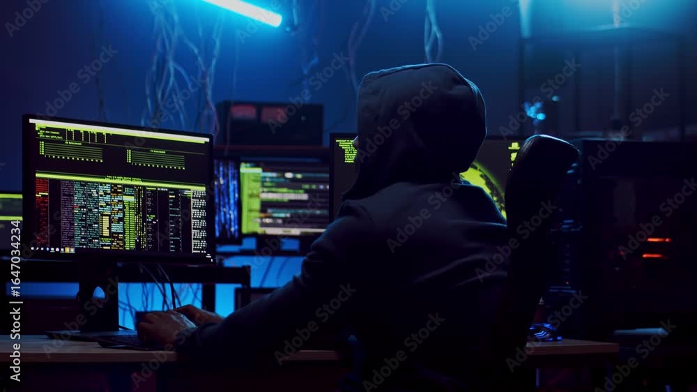 Aufkleber cybersecurity hacker: nighttime coding session - intense focus, data streams, 4k resolution.