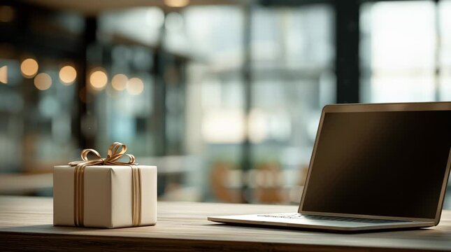 Unique Gift Sits Beside Laptop in Modern Workspace During Afternoon Light