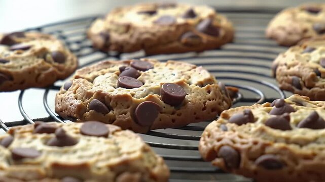 Close Up of Chocolate Chip Cookies on a Dark Cooling Rack with Marble Background