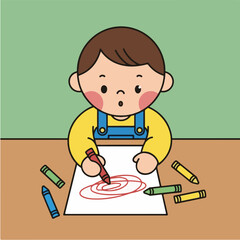 Young boy drawing a red spiral on paper with crayons on a table, cartoon illustration.