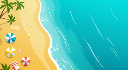 Tropical Beach Scene with Umbrellas and Palm Trees