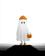 Cute Ghost in Halloween: A whimsical and enchanting illustration captures a delightful cartoon ghost, ready for trick-or-treating on a Halloween night.