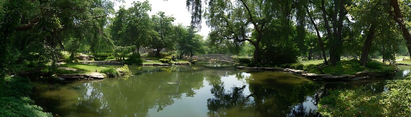 Fototapeta premium Serene pond scene amidst a lush green garden.