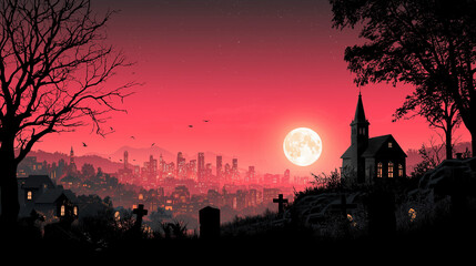 Nightfall over the Graveyard: A silhouetted graveyard lies beneath a crimson sky. A full moon casts an eerie glow upon a distant cityscape.