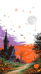 Haunted House Scene: A spooky illustration depicts a dark, imposing haunted house beneath a moonlit sky, evoking a sense of mystery and fright perfect for the Halloween season.