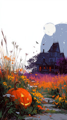 Enchanted Halloween Scene: A jack-o'-lantern, nestled among vibrant wildflowers, casts a warm glow, as the full moon watches over a haunted house under the star-studded twilight sky.