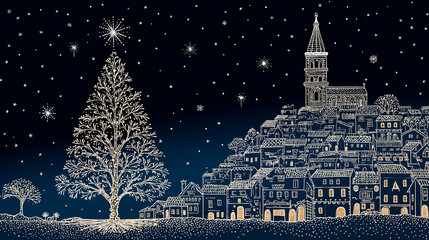 Celestial Christmas: An enchanting illustration of a snow-dusted town nestled beneath a starry sky, with a majestic Christmas tree twinkling brightly.