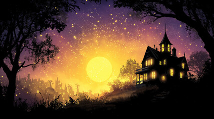Mystic Twilight and Enchanting Manor: A silhouetted manor stands majestically against the vibrant backdrop of a sunset sky, with twinkling stars. The scene emanates tranquility, wonder.