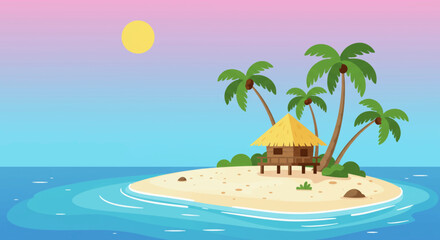 Tropical Island Paradise with Beach Hut and Palm Trees