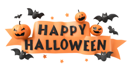 Spooky Halloween celebration banner with grinning pumpkins, flying bats, and festive stars for your festive greetings isolated on white background