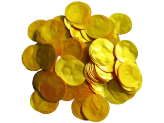 Golden round confetti pile festive celebration party supplies, Isolated On White Background, Png Transparent