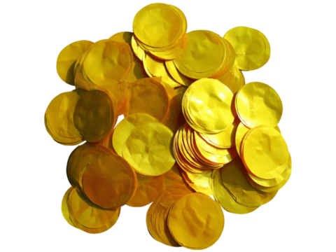 Golden round confetti pile festive celebration party supplies, Isolated On White Background, Png Transparent - Powered by Adobe