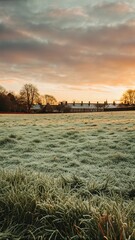 Sunrise over a field in winter with a red barn in the background