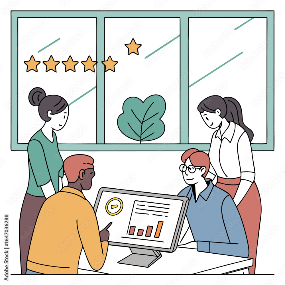 Poster a group of diverse people are gathered around a computer screen with a graph and star rating behind 