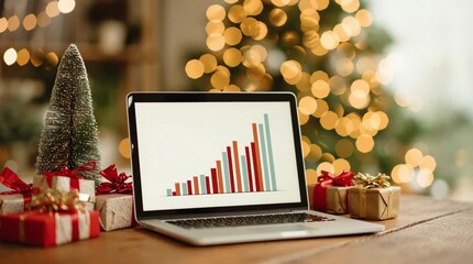 Holiday Decorations Surround a Laptop Displaying Rising Growth Charts With Festive Ambiance in a Cozy Indoor Setting - Powered by Adobe