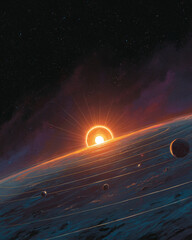 Celestial Dawn over Cosmic Rings: Witness the genesis of a new cosmic day as the sun majestically ascends above intricate rings, accompanied by planets in a vibrant spectacle.