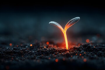 emergence of a glowing seedling as a tiny lighthouse for business growth.