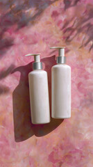 Minimalist Bottles in Delicate Hues: Two clean, simple bottles with elegant silver pumps, perfectly placed on a painted surface with beautiful, delicate shades.