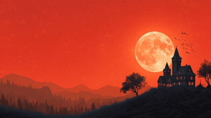 Spooky Mansion at Sunset: A chilling illustration of a haunted mansion perched atop a hill against a blood-red sky, as the full moon ominously hangs in the background.