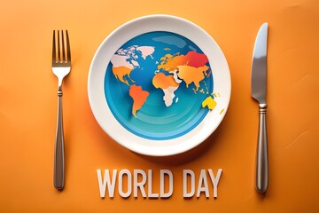 World food day concept with a plate featuring a world map, fork, and knife on an orange background, isolated on white background