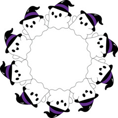 Cute little ghost with witch hat, border, circular, frame, Halloween clip art