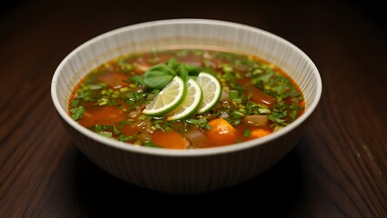 Delicious and Flavorful Vietnamese Soup Bowl Featuring Vibrant Vegetables and Fresh Lime Garnish Ready to Enjoy a Culinary Delight