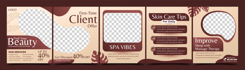 Beauty clinic salon social media post feed carousel template design. Square banner vector design with place for the photo.