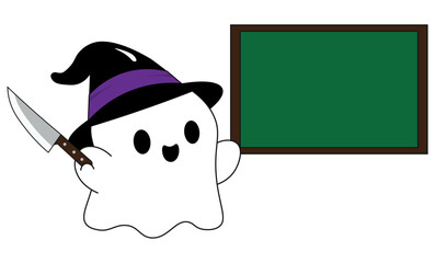 Cute little ghost with a witch's hat, with a knife in his hand, showing a school board, teaching, funny