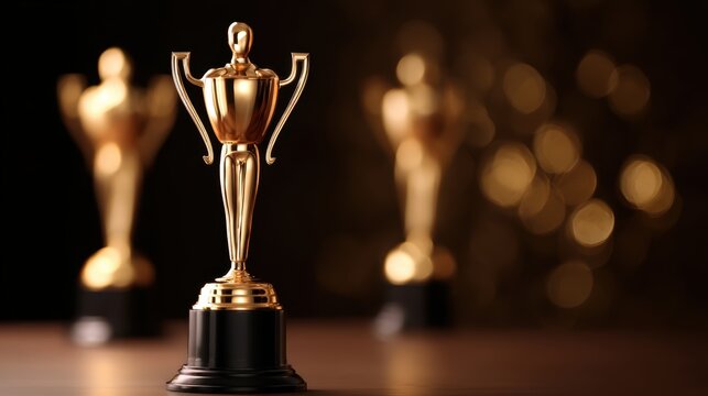 A gleaming golden trophy stands prominently in the foreground, symbolizing achievement and success, with blurred trophies in the background