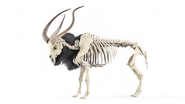 Realistic Animal Skeleton Model with Horns and Fur Texture on White Background